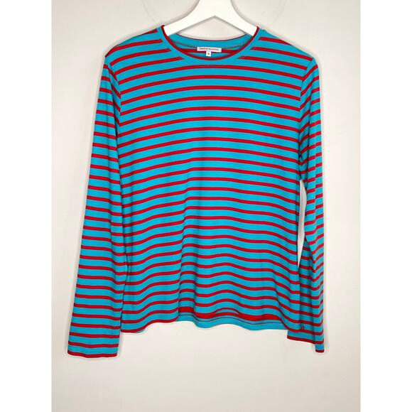 Frances Valentine Pima Cotton Striped Long Sleeve Crew Neck Tee Turquoise Red M - Picture 3 of 9